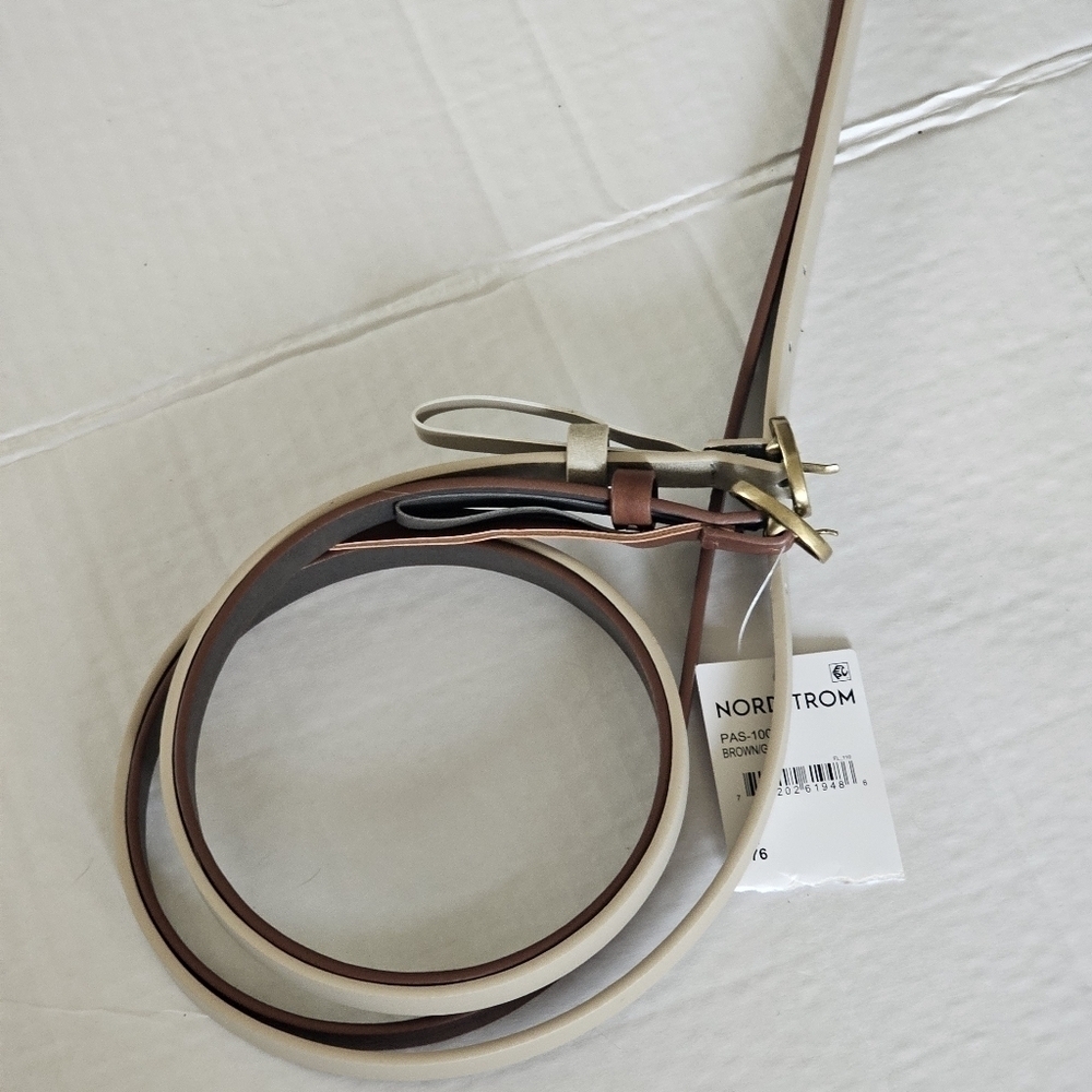 New Nordstrom Set Of 2 Hammered Buckle Faux Leather Belts Brown/Gold XLarge - Picture 8 of 12